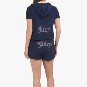 Juicy Couture Atlantis Terry Hoodie Shorts Set Navy Blue Size Large NWT